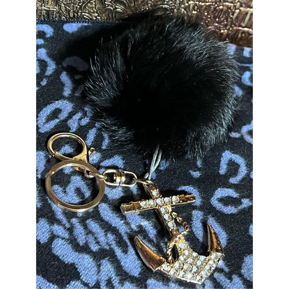 Rhinestoned Anchor Bling Key Fob with Mink Pom Pom